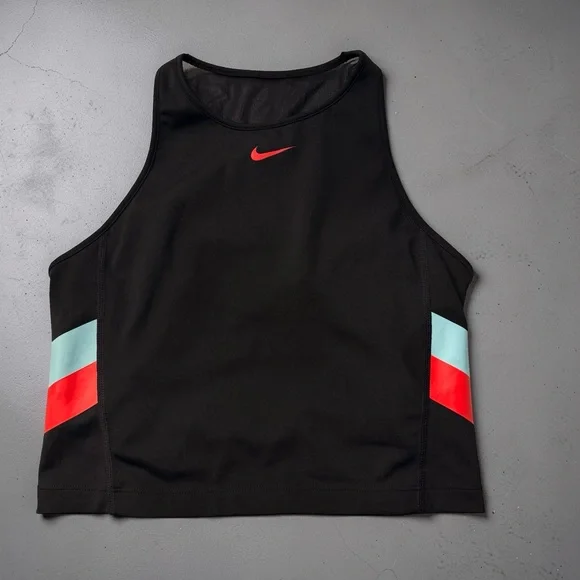 Nike Dri-Fit Longline Crop Sports Bra Black Colorblock Mesh Inset Size S Active - Picture 1 of 7